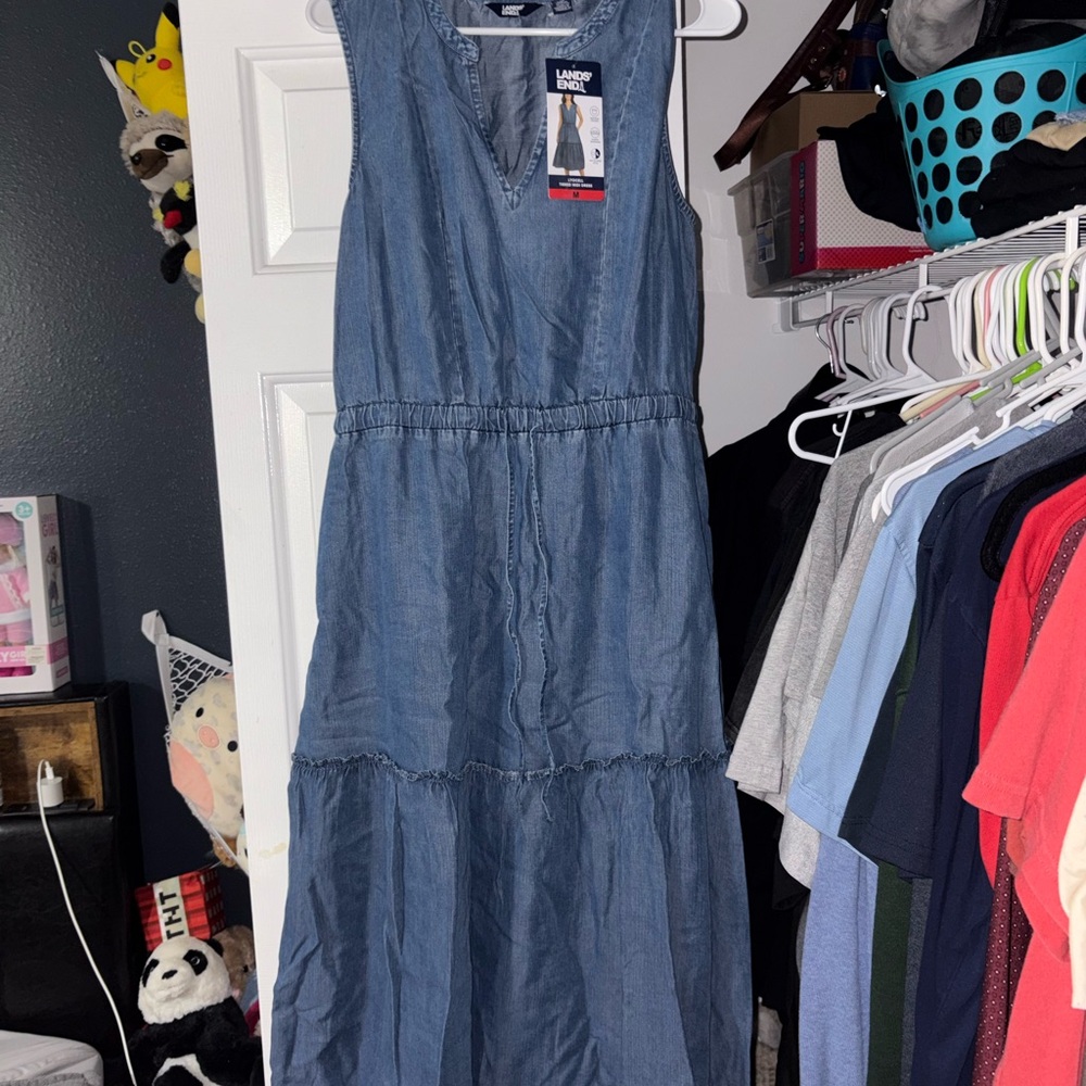 Lands' End Sleeveless Chambray Midi Dress - Denim Blue